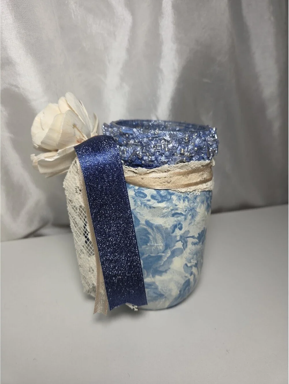 Cottagecore Decoupage Glass Jar  Wood Flower Centerpiece Upcycled Vase Decor